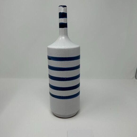 Crate and Barrel Terra Cotta Vase Blue Striped Gray Nautical Decor Hand Painted - Picture 10 of 14